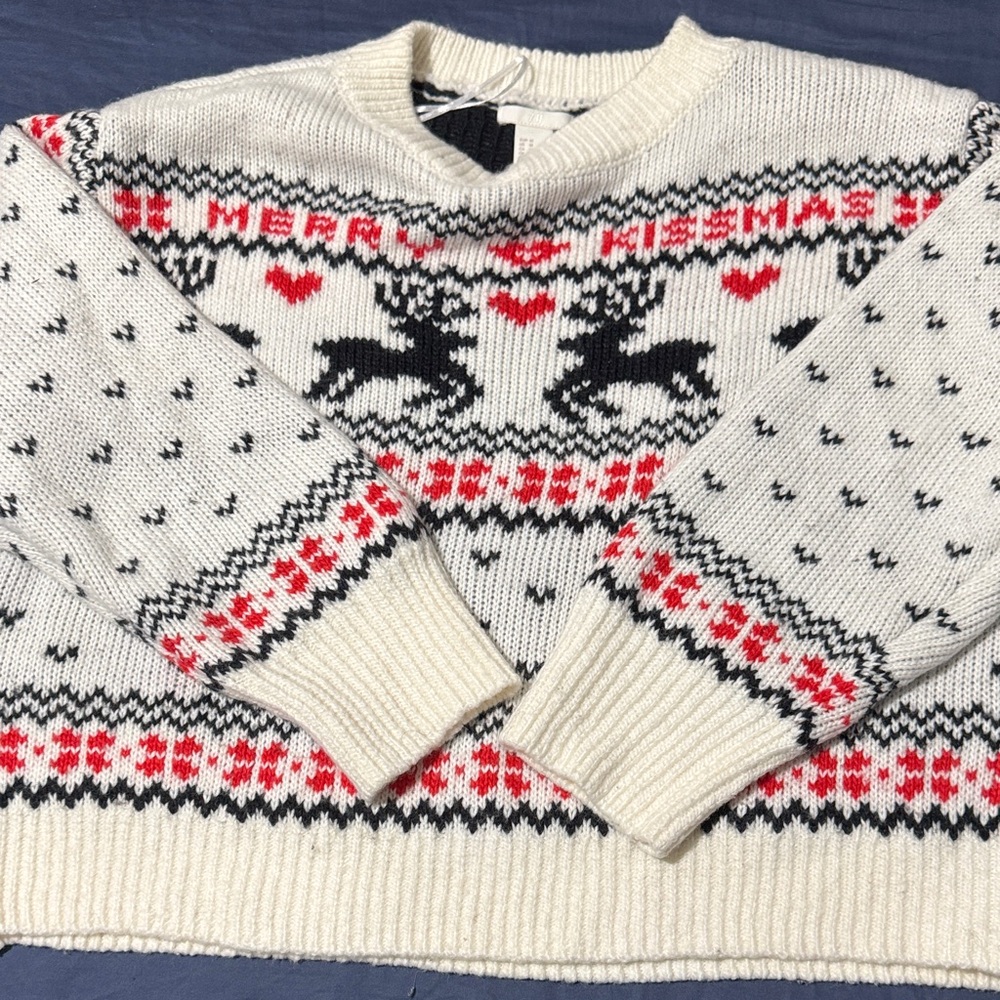 H&M Cream and Black Christmas Sweater with Red Accents